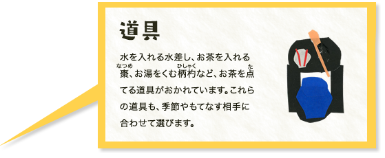 道具　水を入れる水差し、お茶を入れる棗、お湯をくむ柄杓など、お茶を点てる道具がおかれています。これらの道具も、季節やもてなす相手に合わせて選びます。