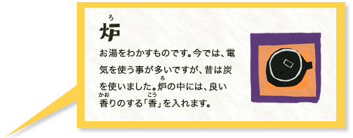 炉　お湯をわかすものです。今では、電気を使う事が多いですが、昔は炭を使いました。炉の中には、良い香りのする「香」を入れます。